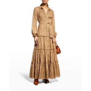 New ALESSIA ZAMATTIO Favignana‎ Silk Cheetah Tiered Maxi Dress Sz 42 / US 6